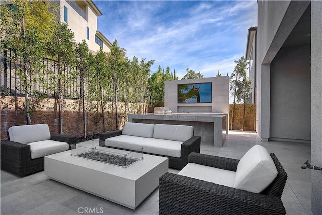 20211 W Liverpool Way, Porter Ranch, CA 91326 - view of patio / terrace featuring an outdoor living space with a fire pit