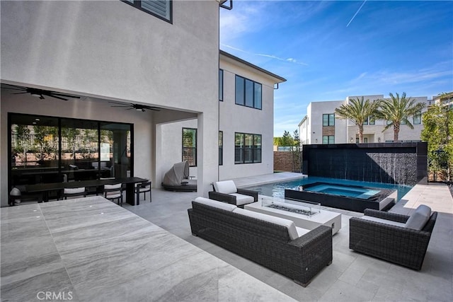 20211 W Liverpool Way, Porter Ranch, CA 91326 - view of patio featuring an outdoor living space with a fire pit, ceiling fan, and an outdoor pool