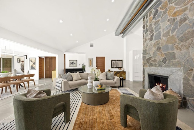 1305 Riviera Dr, Pasadena, CA 91107 - living room featuring a stone fireplace and high vaulted ceiling