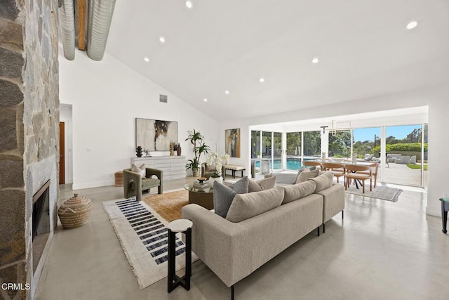 1305 Riviera Dr, Pasadena, CA 91107 - living room with high vaulted ceiling, concrete flooring, a fireplace, and recessed lighting