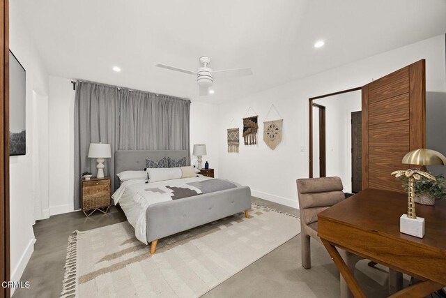 1305 Riviera Dr, Pasadena, CA 91107 - bedroom with recessed lighting, concrete flooring, and a ceiling fan