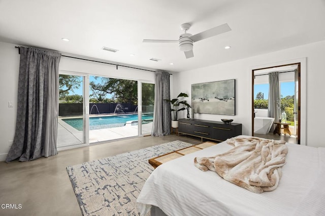 1305 Riviera Dr, Pasadena, CA 91107 - bedroom with access to exterior, concrete floors, recessed lighting, and ceiling fan