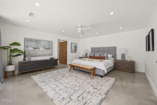 1305 Riviera Dr, Pasadena, CA 91107 - bedroom featuring finished concrete floors, recessed lighting, and a ceiling fan