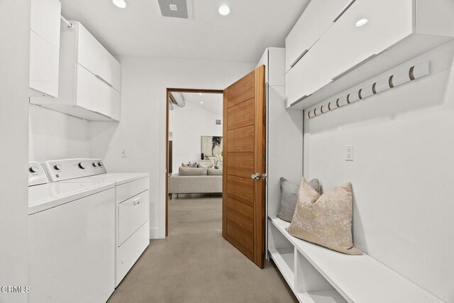 1305 Riviera Dr, Pasadena, CA 91107 - laundry room featuring cabinet space, recessed lighting, and separate washer and dryer