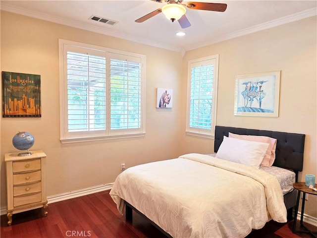 12833 Crestfield Ct, Rancho Cucamonga, CA 91739 - bedroom featuring dark wood-type flooring, crown molding, recessed lighting, and a ceiling fan