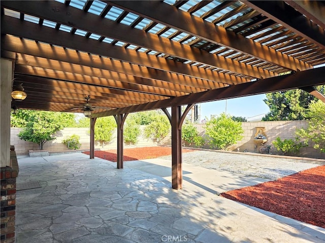 12833 Crestfield Ct, Rancho Cucamonga, CA 91739 - fenced backyard with ceiling fan, a patio, and a pergola