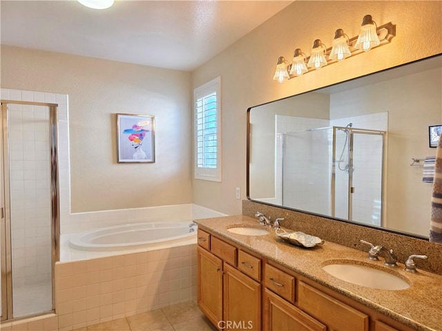 12833 Crestfield Ct, Rancho Cucamonga, CA 91739 - bathroom with a stall shower, a garden tub, double vanity, and tile patterned floors