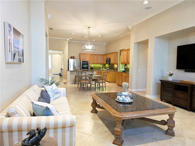 12833 Crestfield Ct, Rancho Cucamonga, CA 91739 - living area with light tile patterned floors, ornamental molding, and recessed lighting