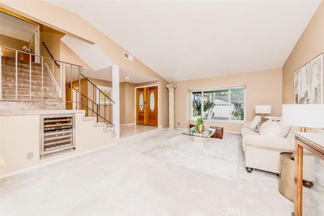 2771 Wyckersham Pl, Fullerton, CA 92833 - living room featuring stairs, carpet, and lofted ceiling