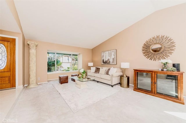 2771 Wyckersham Pl, Fullerton, CA 92833 - carpeted living room featuring vaulted ceiling and decorative columns