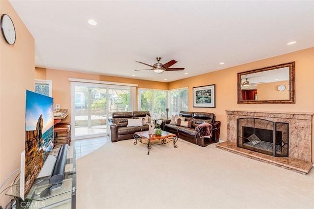 2771 Wyckersham Pl, Fullerton, CA 92833 - tiled living area featuring ceiling fan, recessed lighting, and carpet