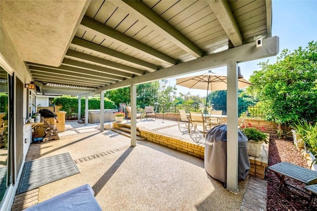 2771 Wyckersham Pl, Fullerton, CA 92833 - fenced backyard with a patio, grilling area, a hot tub, and outdoor dining area