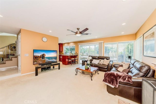 2771 Wyckersham Pl, Fullerton, CA 92833 - carpeted living room with stairs, a ceiling fan, and recessed lighting