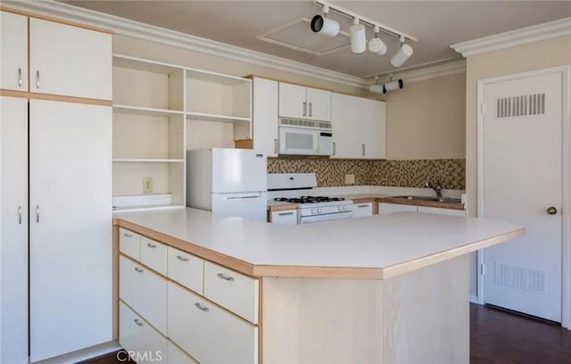 1263 Pismo St, San Luis Obispo, CA 93401 - kitchen featuring white appliances, open shelves, rail lighting, crown molding, and tasteful backsplash
