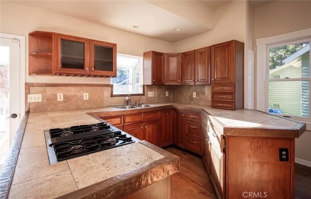 1263 Pismo St, San Luis Obispo, CA 93401 - kitchen with black gas cooktop, a peninsula, healthy amount of natural light, and light countertops
