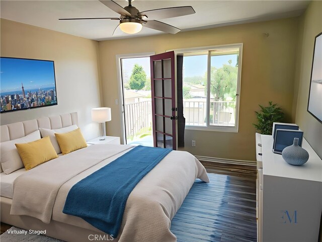 874 Cinnamon Ln Unit 62, Duarte, CA 91010 - bedroom with access to outside, dark wood-style flooring, and a ceiling fan