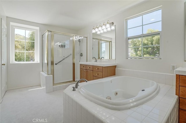 53 Via Palacio, San Clemente, CA 92673 - bathroom featuring vanity, a shower stall, and a whirlpool tub