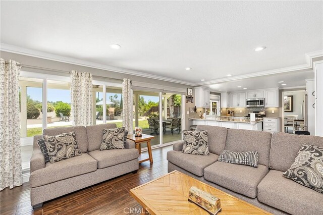 6095 Windemere Way, Riverside, CA 92506 - living room with crown molding, recessed lighting, and dark wood-type flooring