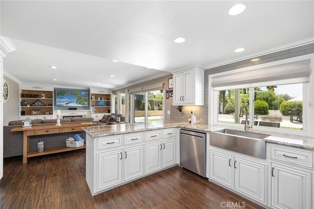 6095 Windemere Way, Riverside, CA 92506 - kitchen with dishwasher, crown molding, a peninsula, dark wood-style floors, and white cabinetry