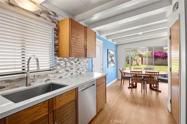 18101 Kirk Ave, Tustin, CA 92780 - kitchen with stainless steel dishwasher, light countertops, backsplash, beamed ceiling, and light wood finished floors