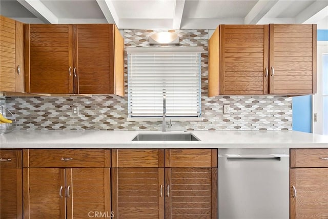 18101 Kirk Ave, Tustin, CA 92780 - kitchen featuring dishwasher, light countertops, tasteful backsplash, beam ceiling, and brown cabinets