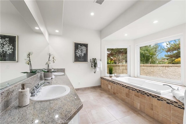 41901 Calle Clarita, Lancaster, CA 93536 - bathroom with recessed lighting, double vanity, a garden tub, and tile patterned floors