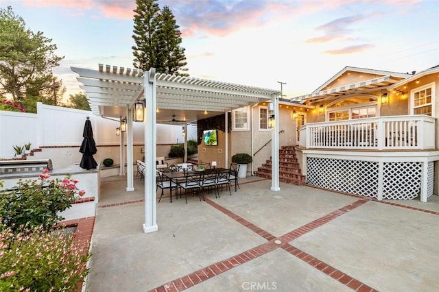 3326 Los Olivos Ln, Glendale, CA 91214 - patio terrace at dusk with a pergola, a patio, and an outdoor living space