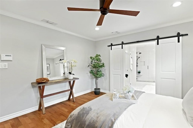 3326 Los Olivos Ln, Glendale, CA 91214 - bedroom with a barn door, recessed lighting, wood finished floors, crown molding, and a ceiling fan