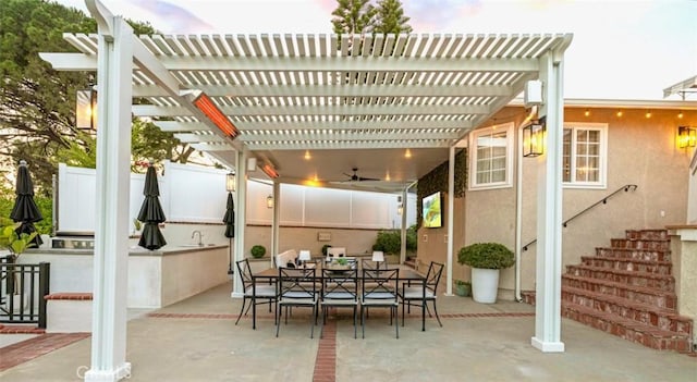 3326 Los Olivos Ln, Glendale, CA 91214 - view of patio / terrace featuring outdoor dining space, stairs, a pergola, and ceiling fan