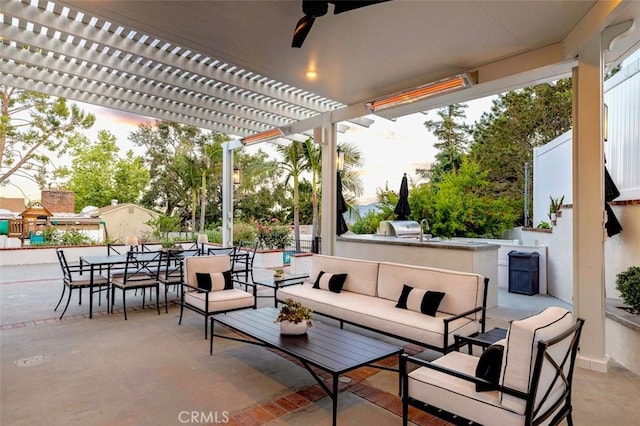 3326 Los Olivos Ln, Glendale, CA 91214 - view of patio featuring an outdoor kitchen, an outdoor living space, a pergola, a ceiling fan, and outdoor dining space
