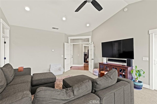 5031 San Juanico Dr, Chico, CA 95973 - carpeted living area with vaulted ceiling, ceiling fan, washer / clothes dryer, and recessed lighting