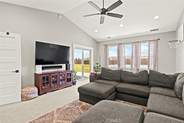 5031 San Juanico Dr, Chico, CA 95973 - carpeted living area featuring vaulted ceiling, ceiling fan, recessed lighting, and plenty of natural light