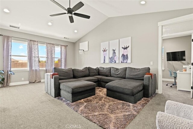 5031 San Juanico Dr, Chico, CA 95973 - carpeted living room with lofted ceiling, recessed lighting, and a ceiling fan