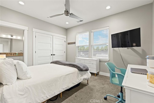 5031 San Juanico Dr, Chico, CA 95973 - carpeted bedroom featuring recessed lighting, a closet, connected bathroom, and ceiling fan