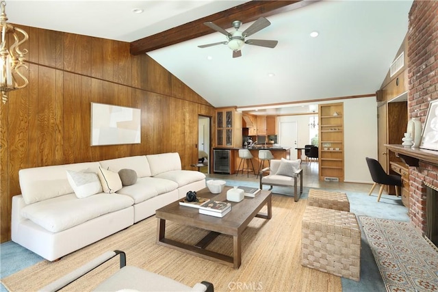 3260 Beaudry, Glendale, CA 91208 - living area with wine cooler, a ceiling fan, wood walls, and a brick fireplace
