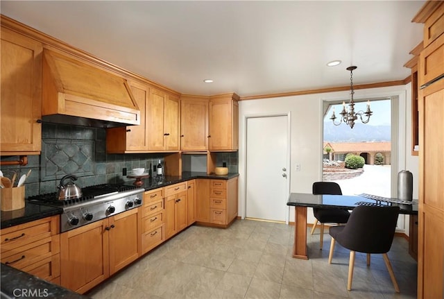 3260 Beaudry, Glendale, CA 91208 - kitchen with stainless steel gas cooktop, tasteful backsplash, dark countertops, crown molding, and recessed lighting