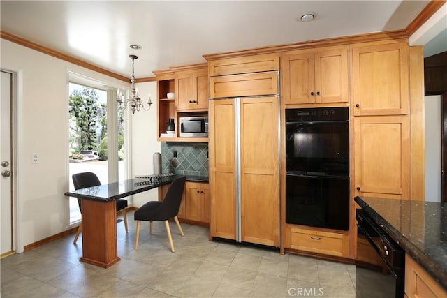 3260 Beaudry, Glendale, CA 91208 - kitchen with black appliances, open shelves, backsplash, ornamental molding, and a chandelier