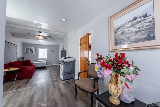 4759 Cochran St, Simi Valley, CA 93063 - living area with wood finished floors, a ceiling fan, recessed lighting, and beam ceiling