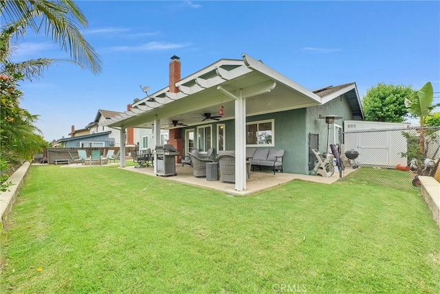 1160 Baseline Rd, La Verne, CA 91750 - rear view of house featuring a ceiling fan, an outdoor living space, a chimney, stucco siding, and a patio