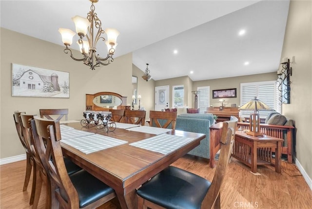 1160 Baseline Rd, La Verne, CA 91750 - dining room featuring light wood-type flooring, lofted ceiling, a chandelier, and recessed lighting