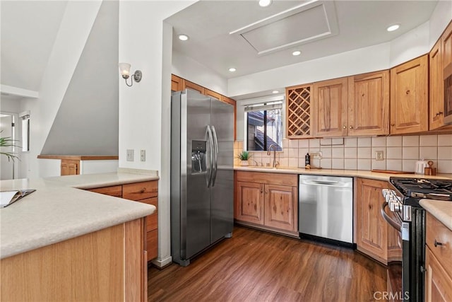777 Chorro St Unit 3, San Luis Obispo, CA 93401 - kitchen featuring stainless steel appliances, dark wood-type flooring, backsplash, light countertops, and recessed lighting