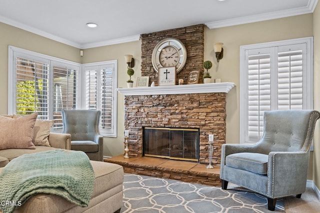 2561 Upper Bay Dr, Oxnard, CA 93036 - living area featuring a stone fireplace, ornamental molding, and recessed lighting