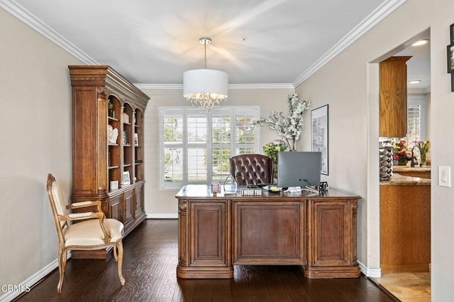 2561 Upper Bay Dr, Oxnard, CA 93036 - home office with a chandelier, dark wood-type flooring, and ornamental molding