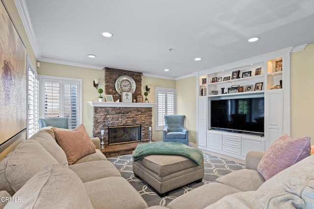 2561 Upper Bay Dr, Oxnard, CA 93036 - living room featuring recessed lighting, a stone fireplace, and ornamental molding