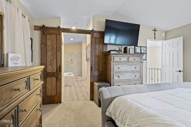 2561 Upper Bay Dr, Oxnard, CA 93036 - bedroom with a barn door, lofted ceiling, light wood-style floors, and connected bathroom