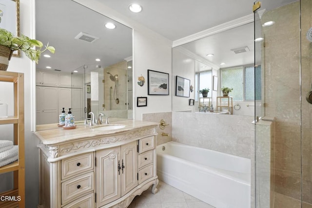 630 S Orange Grove Blvd Unit 5, Pasadena, CA 91105 - bathroom featuring a bath, a shower stall, vanity, tile patterned floors, and ornamental molding