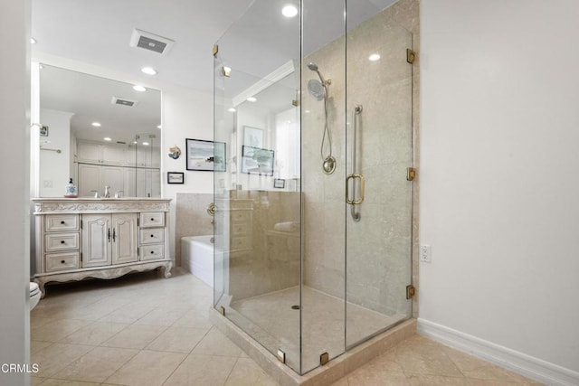 630 S Orange Grove Blvd Unit 5, Pasadena, CA 91105 - full bathroom featuring vanity, tile patterned floors, a garden tub, a shower stall, and recessed lighting