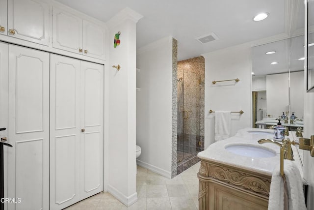 630 S Orange Grove Blvd Unit 5, Pasadena, CA 91105 - full bathroom with double vanity, a shower stall, tile patterned floors, recessed lighting, and a closet