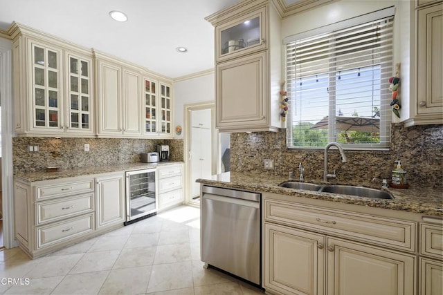 630 S Orange Grove Blvd Unit 5, Pasadena, CA 91105 - kitchen featuring wine cooler, cream cabinets, stainless steel dishwasher, light stone countertops, and recessed lighting