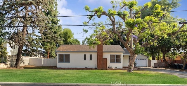 11749 Clarkman St, Santa Fe Springs, CA 90670 - ranch-style home featuring driveway, crawl space, stucco siding, a chimney, and a garage